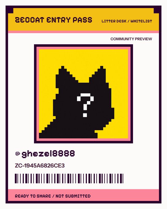 A "BEDOAT ENTRY PASS" for the LITTER DESK / WHITELIST community preview, showing a pixel art black cat with a white question mark, assigned to user @ghezel8888, marked as "READY TO SHARE / NOT SUBMITTED."