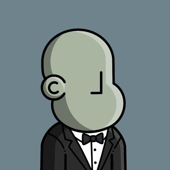 A minimalist cartoon illustration features a faceless figure in a black tuxedo with a bow tie, with a large ear depicted on its gray head against a slate-blue background.
