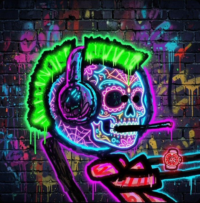 Neon graffiti street art depicting a sugar skull wearing headphones, with glowing green hair, pink and blue skull details, and a hand holding a glowing red watch against a brick wall.