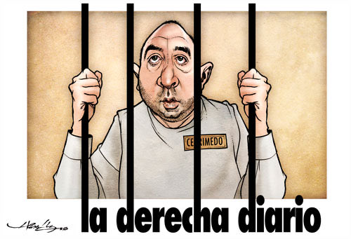 A cartoon shows a worried-looking man behind prison bars, wearing a shirt labeled "CEREMEDO" (referring to the controversial Mexican businessman José Ramón López Betancourt), gripping the bars with both hands. The text at the bottom reads "la derecha diario," serving as a political critique of the Mexican right-wing press amid the Ceremedo scandal.
