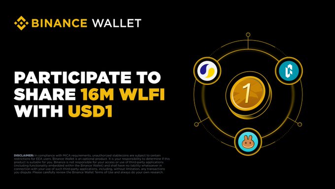 The image features a poster promoting a rewards campaign by the cryptocurrency exchange, Binance Wallet. The poster displays a gold coin with a blue circle around it, accompanied by text that reads "Binance Wallet just launched a new rewards campaign with @worldlibertyfi". The main focus of the post is to encourage users to participate in the rewards campaign and share their US dollar balances using the provided links or codes.