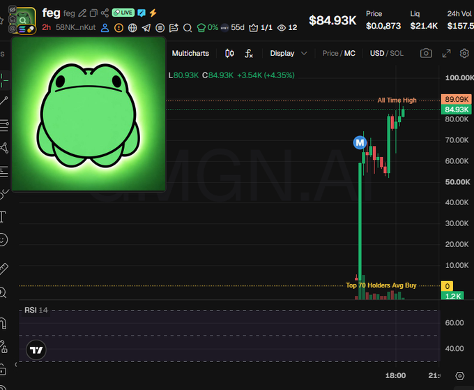 The image shows a TradingView chart for the $feg token (58NK...nKut), displaying a price of $84.93K with a massive vertical green candle spike that quickly pulled back after hitting an "All Time High" of $89.09K, accompanied by a Pepe frog graphic overlay. The vertical price spike from near zero to ~$84K and rapid retracement, combined with the bot-style "M" marker, visually illustrates the classic pump-and-dump pattern characteristic of the bundled scam warning mentioned in the post.
