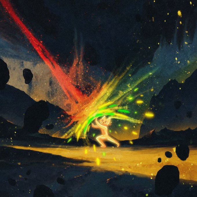 A tiny glowing figure stands defiantly on a dark, rocky landscape as a massive red and green explosion erupts behind them, symbolizing the chaotic volatility of meme coins. The image mirrors the poster's sentiment of holding strong through a market dip—refusing to miss out even without funds to buy more—anticipating a rebound to a $50M valuation.