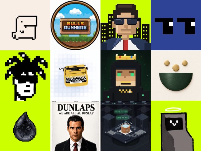 A grid of pixel-art style icons and graphics on a bright yellow-green background, including a 'BULLS RUNNERS' logo, a typewriter, a 'DUNLAPS WE ARE ALL DUNLAP' poster, and various character and object designs.