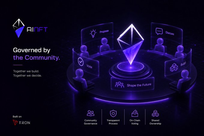 A purple and black promotional graphic for 'AINFT' features a glowing Ethereum-style diamond surrounded by icons labeled 'Propose', 'Discuss', 'Vote', 'Build', and 'Shape the Future', noting it is built on TRON.