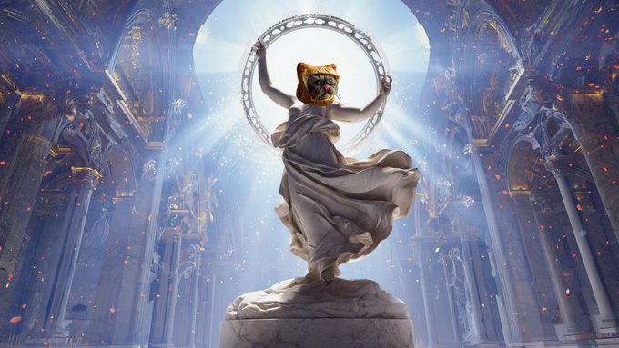 A whimsical digital artwork features a cat wearing sunglasses and a flowing white dress, posing gracefully while holding a glowing circular portal in an ethereal, cathedral-like setting with light streaming through the architecture, fitting the playful "gmiggles" (good morning giggles) theme shared by @baseapp.