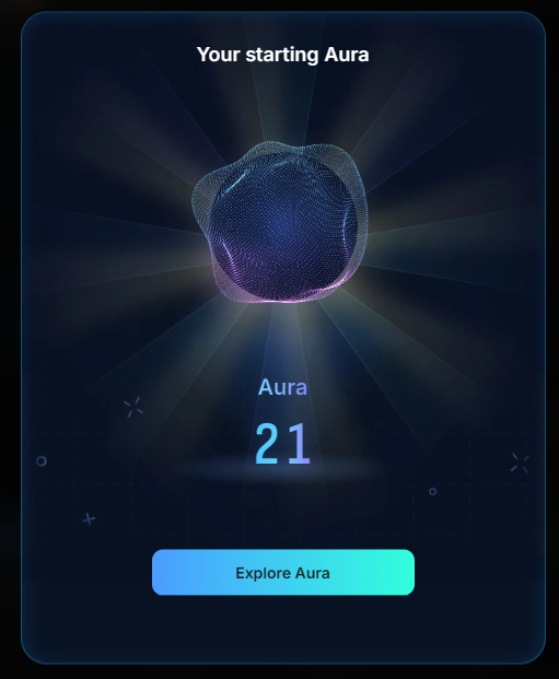 A digital card titled 'Your starting Aura' displaying a 3D wireframe object and a score of 21, with an 'Explore Aura' button, from the Hypertoadz platform.
