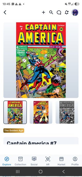 Mobile app screenshot displaying Captain America #7 comic book from October, tagged under 'The Golden Age', with the Captain America Comics marketplace interface visible.