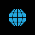 A simple blue icon of a globe or wireframe sphere on a black background.