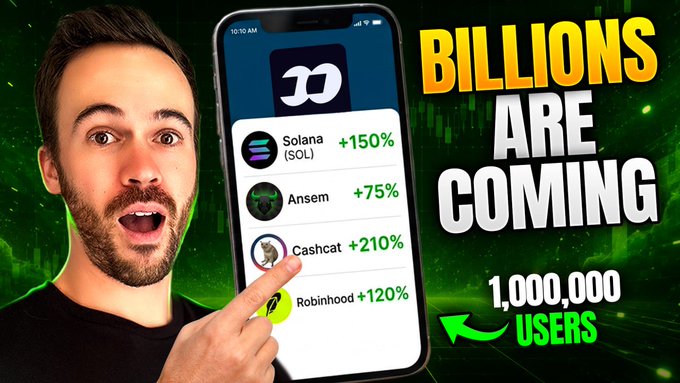 A YouTube thumbnail showing a man with an excited expression pointing at a smartphone screen displaying a list of assets with percentage gains (Solana +150%, Ansem +75%, Cashcat +210%, Robinhood +120%), with large text reading 'BILLIONS ARE COMING' and '1,000,000 USERS'.