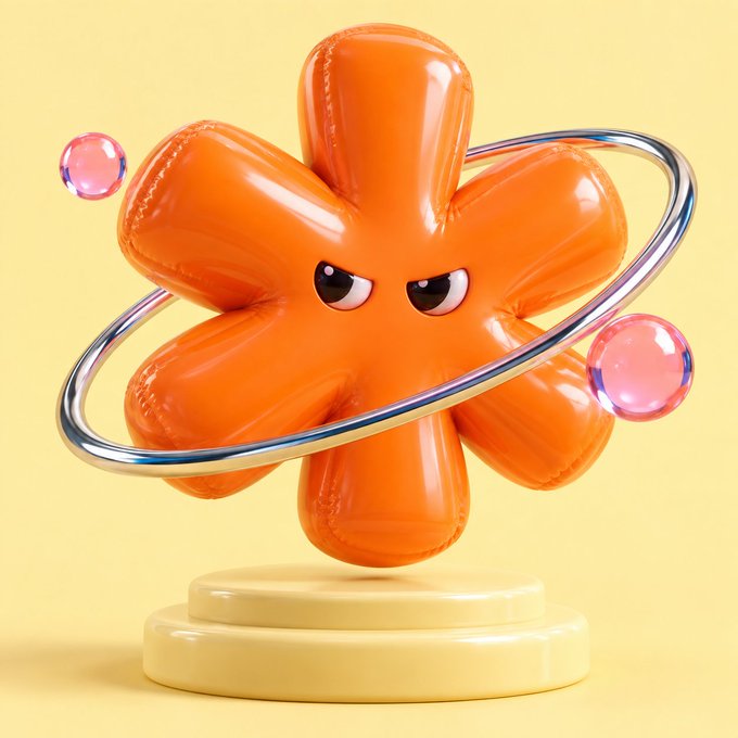 A 3D-rendered orange flower-like character with an angry expression, encircled by a silver ring with floating pink spheres on a yellow background.