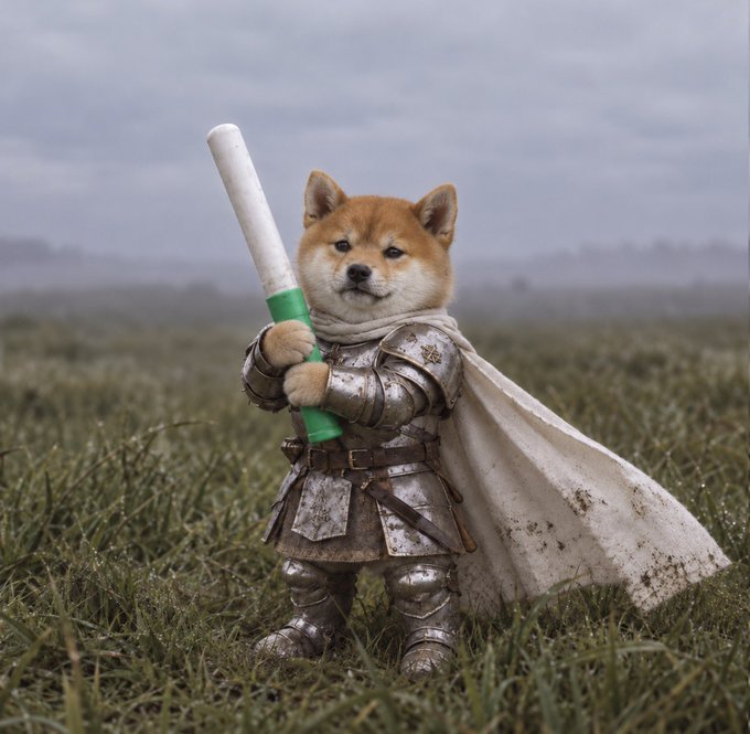 A Shiba Inu dressed as a medieval knight stands in muddy grass, holding a green-and-white staff and wearing a dirt-stained cape and armor. The post references “pump pairs” and the token ticker “$baton,” framing the armored dog as a battle-tested mascot for the token.
