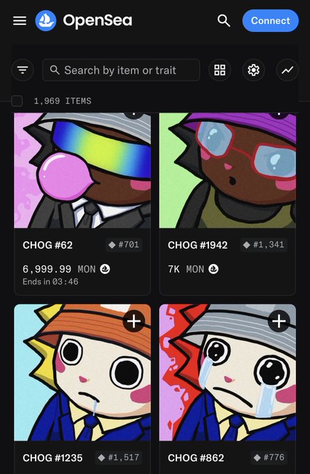 A screenshot of the OpenSea NFT marketplace displaying 1,969 items, showing four cartoon character NFTs including "CHOG #62" priced at 6,999.99 MON and "CHOG #1942" priced at 7K MON.