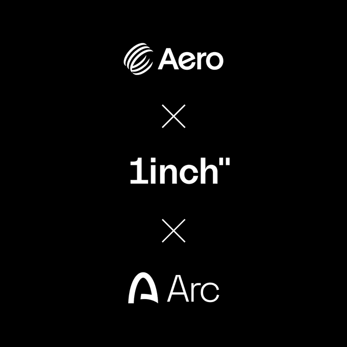 A black graphic with white text and logos announcing a collaboration: 'Aero x 1inch x Arc'.
