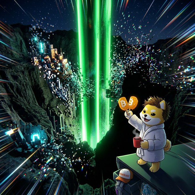 A digital artwork featuring a Shiba Inu dog in a bathrobe standing on a rooftop ledge holding Bitcoin coins and a coffee mug, with a sci-fi cityscape and green light beams in the background.