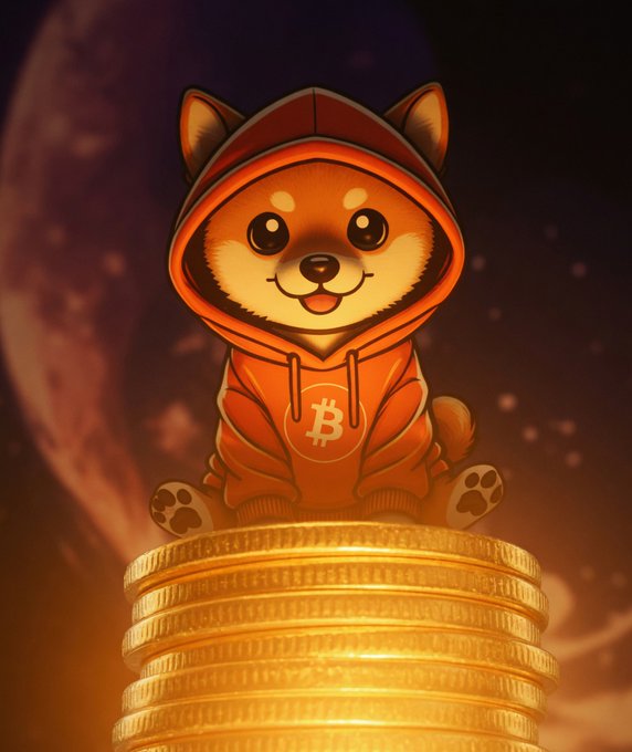 A digital illustration of a cute cartoon Shiba Inu dog wearing an orange hoodie with a Bitcoin logo, sitting on a stack of gold coins against a dark red moon backdrop.