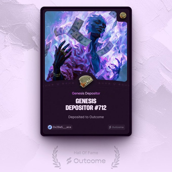 A digital trading card or NFT titled 'GENESIS DEPOSITOR #712' from 'Outcome', featuring vibrant purple and blue artwork of a figure surrounded by money and flames.