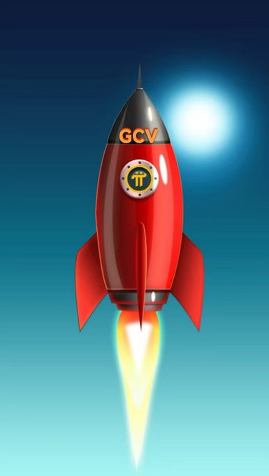 A digital illustration of a red rocket ship with 'GCV' text and a Pi cryptocurrency logo on its body, launching into a blue sky.