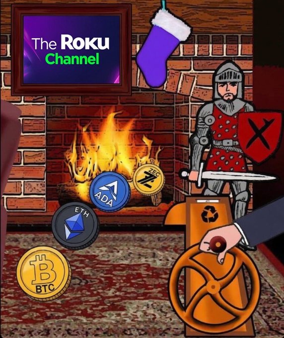 A festive cartoon scene shows "The Roku Channel" on a framed TV above a fireplace with BTC, ETH, ADA, and ZEC coins burning in the flames, while a knight stands guard beside a wheelie bin being steered by a hand in a suit. The holiday imagery and burning cryptocurrencies visually riddle the identity of the featured crypto project, hinting that the clues point to $Metal as the answer.