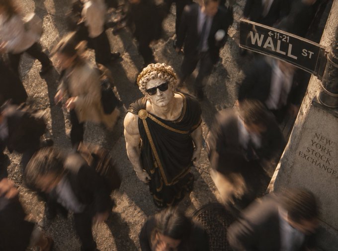 An overhead view shows a muscular figure in classical Greek or Roman attire with sunglasses standing motionless amid a blurred crowd of rushing pedestrians on Wall Street, near the New York Stock Exchange.