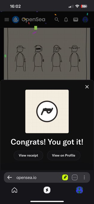 An OpenSea mobile screenshot showing a successful NFT purchase with a 'Congrats! You got it!' message and options to view receipt or profile.