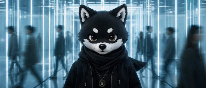 An AI-generated image of a character wearing a black shiba inu/dog hoodie and mask standing in a futuristic blue-lit corridor.