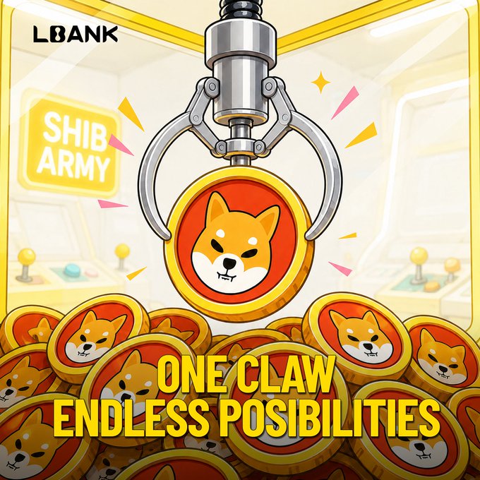 A claw machine hovers over a pile of Shiba Inu tokens, with text reading "SHIB ARMY" and "ONE CLAW ENDLESS POSSIBILITIES," visually reinforcing the LBank post's celebration of SHIB's 6th Anniversary campaign offering 66,666 USDT in rewards.