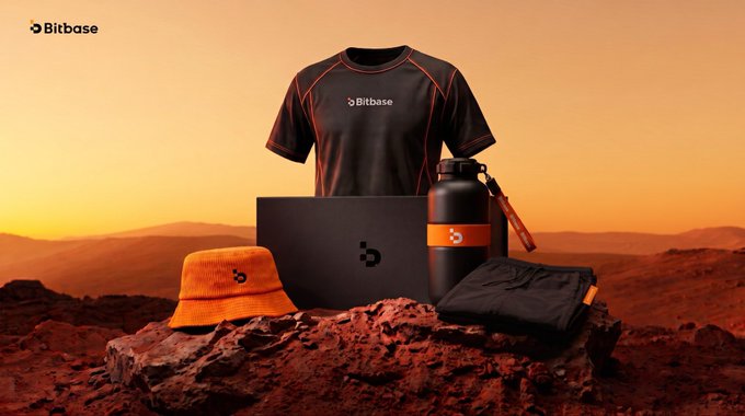 A promotional image for Bitbase featuring branded merchandise including an orange and black t-shirt, water bottle, bucket hat, laptop, and shorts arranged on a rocky Martian-like landscape.