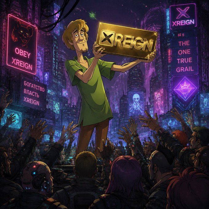 An illustrated cyberpunk-style image of a blonde man in a green shirt holding a gold bar labeled 'XREIGN' above a crowd, with neon signs reading 'OBEY XREIGN' and 'THE ONE TRUE GRAIL' in a futuristic cityscape.