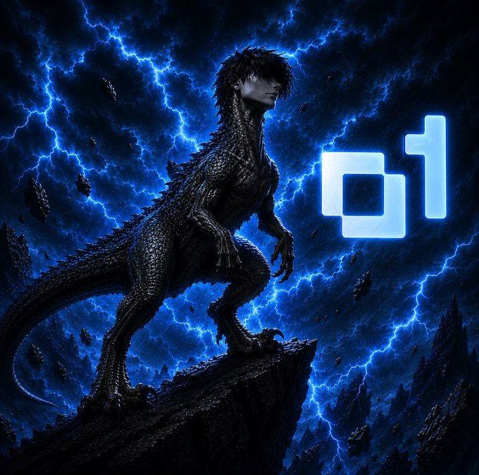 A dark, fantasy-style digital artwork showing a Godzilla-like reptilian humanoid creature standing on a rocky cliff against a backdrop of intense blue lightning. A glowing blue "d1" logo floats to the right of the creature.