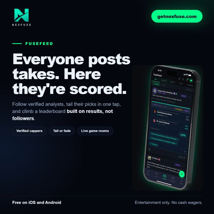 A promotional website for 'Nexfuse' advertising a social sports betting analytics app called 'FuseFeed' with the text 'Everyone posts takes. Here they're scored.'