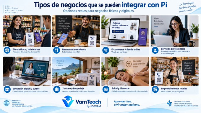 A promotional infographic titled 'Tipos de negocios que se pueden integrar con Pi' showing eight different business categories including physical stores, restaurants, e-commerce, professional services, digital education, tourism, wellness, and local businesses, branded with 'VamTeach by JOSVAM'.