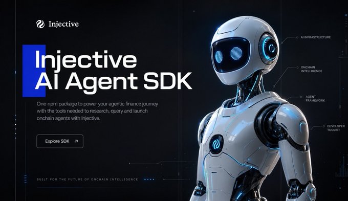 A promotional graphic for Injective's 'AI Agent SDK' featuring a futuristic white and blue robot, with labels highlighting AI Infrastructure, Onchain Intelligence, Agent Framework, and Developer Toolkit.