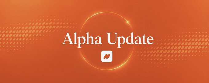 The image features an orange-themed banner with the text "Alpha Update" prominently displayed in white serif font, accompanied by a small logo icon below. The accompanying text indicates this announcement introduces Alpha 1.0 updates to testers, highlighting improvements to trading features like charts, UI, and app speed for RWA and crypto perps.