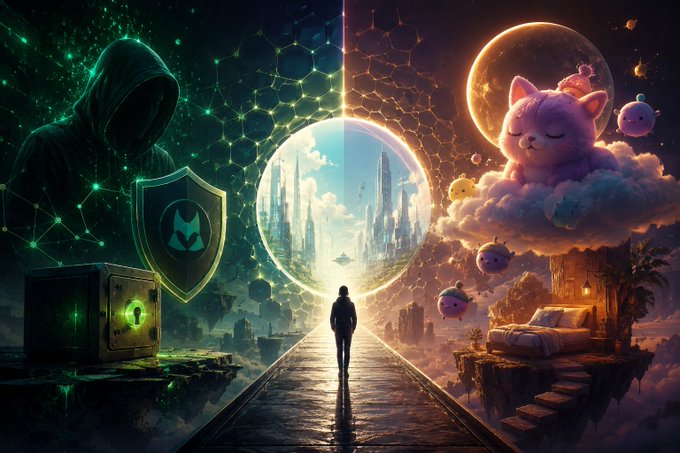 A digital artwork depicting a figure standing on a reflective path between two contrasting worlds—one with a hooded figure, shield, and lock in green tones; the other with a cat on clouds, a moon, and a floating bed in warm orange tones.