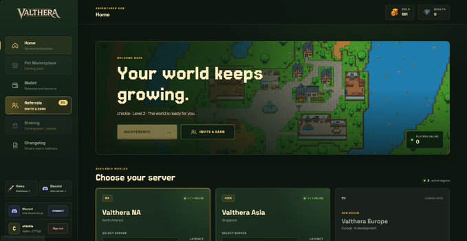 Screenshot of the Valthera game dashboard, showing a 'Your world keeps growing' welcome message and options to choose between servers like Valthera NA, Valthera Asia, and Valthera Europe.