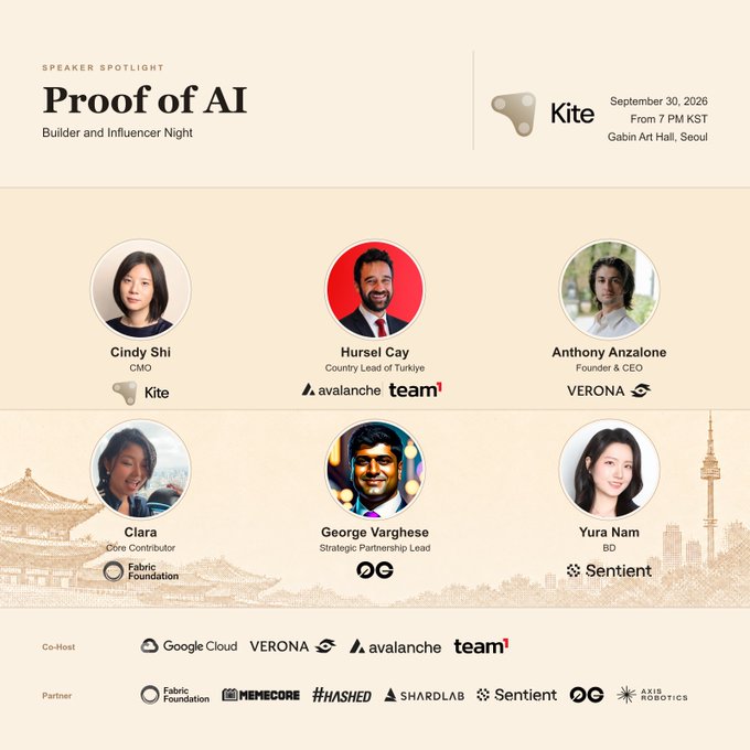 A promotional graphic for the "Proof of AI: Builder and Influencer Night" event on September 30, 2026, at Gabin Art Hall, Seoul, featuring speaker spotlights of Cindy Shi (Kite), Hursel Çay (Avalanche/Team1), Anthony Anzalone (Verona), Clara (Fabric Foundation), George Varghese (0G), and Yura Nam (Sentient), with co-hosts Google Cloud, Verona, Avalanche, and Team1 listed at the bottom. The image directly illustrates the post's announcement by showcasing the lineup of speakers attending the KBW 2026 AI event.