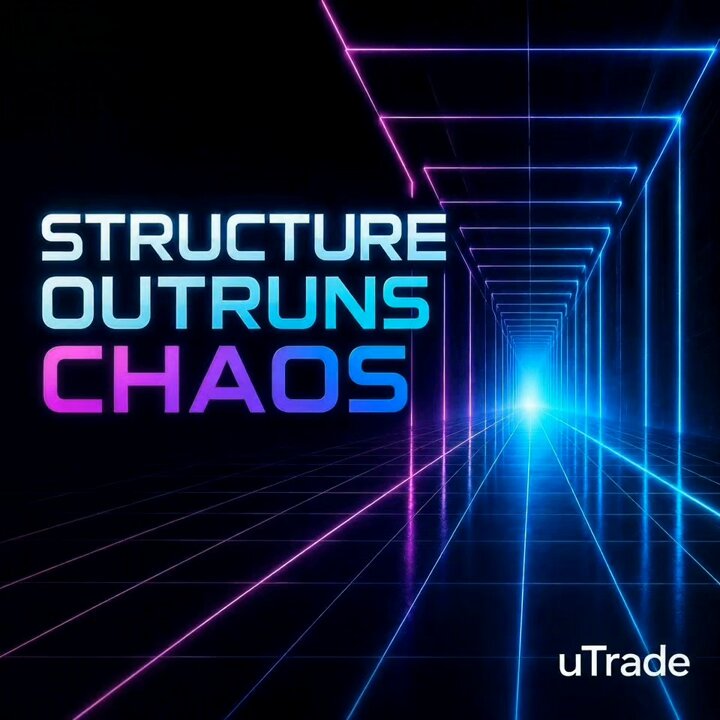 The image depicts an endless hallway of blue lines that stretches out into infinity. Below this blue scene, a phrase "Structure Outruns Chaos" is written in white text within the Hallway. This phrase serves as a reminder that maintaining focus on a clear structure amidst chaotic market fluctuations can be advantageous for traders. The use of blue and purple hues creates an illusion of depth and continuity, emphasizing the idea of a steady path amid uncertainty and volatility in the crypto world.