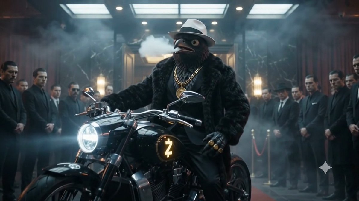 A CGI-rendered figure with a bird-like mask, white fedora, gold chains, and a fur coat sits on a motorcycle with a "Z" logo, surrounded by men in suits in a smoky, opulent setting.