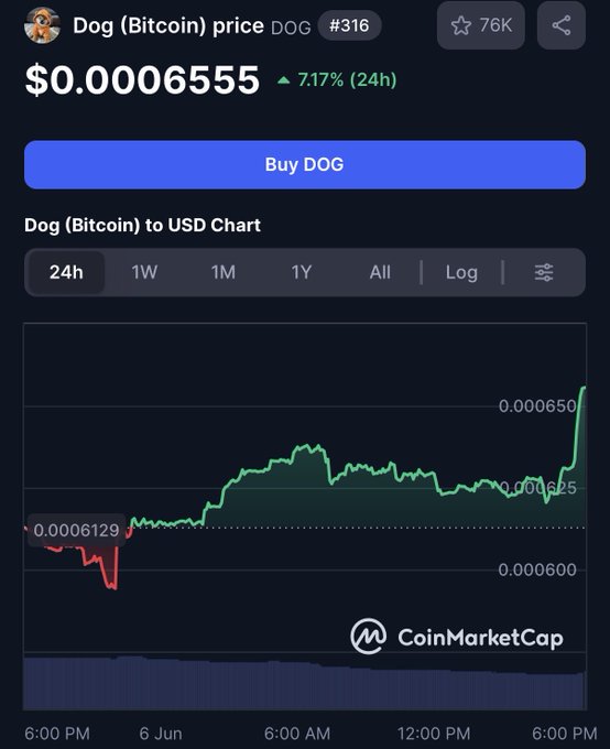 The image shows a cell phone screen displaying a graph of Bitcoin prices over time. The graph has two lines representing the price of Bitcoin at different times. There are also some text elements on the screen, including "Dog" written below the graph and "0.0006655" above it. These texts seem to be related to the current Bitcoin price or market trends.