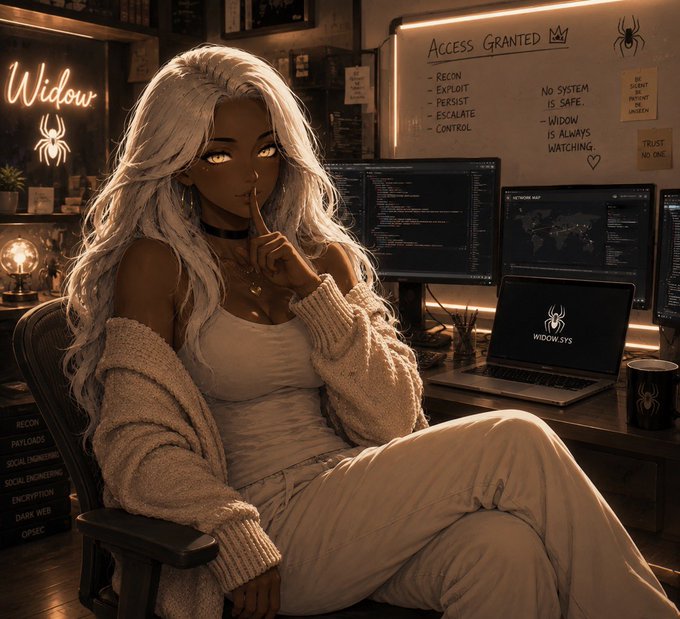 An AI-generated digital illustration of a dark-skinned woman with long white hair making a 'shh' gesture, sitting in a hacker-themed room with a whiteboard reading 'Access Granted', 'Recon, Exploit, Persist, Escalate, Control', and 'No System Is Safe. Widow Is Always Watching.'