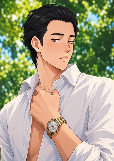 An anime-style illustration of a young man with dark hair wearing an open white shirt, a gold watch, with one hand near his collar, set against a background of green foliage.