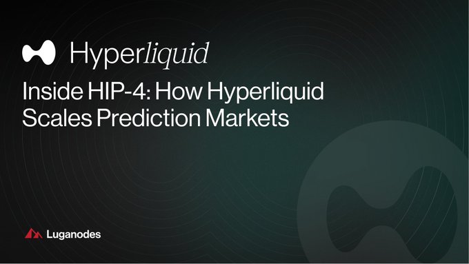 A presentation slide titled "Inside HIP-4: How Hyperliquid Scales Prediction Markets" with the Hyperliquid logo and Luganodes branding.