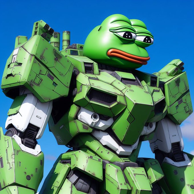 A 3D illustration of Pepe the Frog's head mounted on a large green mech or robot suit against a blue sky.