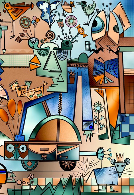 A vibrant, abstract cubist-style illustration featuring geometric shapes, an elephant, a dog, and various surreal figures in a composition dominated by blue, orange, and teal colors.