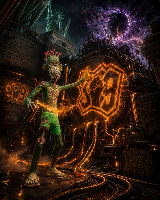 A dark fantasy digital artwork featuring a zombie-like figure wearing a Burger King-style paper crown and green shorts, casting an orange glowing magical symbol in an industrial, steampunk-style environment with the Statue of Liberty faintly visible in the background.