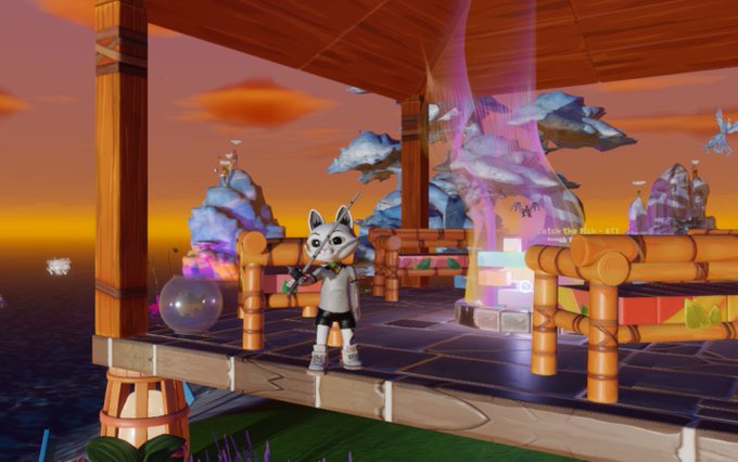 A 3D game scene showing a white cat-like character holding a fishing rod on a wooden platform over the ocean at sunset, with crystalline rock formations and glowing purple effects in the background.