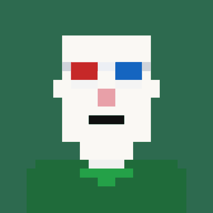 An 8-bit pixel art portrait of a character with a white face, red and blue rectangular 3D glasses, and a green shirt against a dark green background.