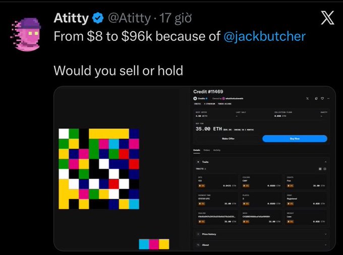 A tweet from "Atitty @Atitty" says "From $8 to $96k because of @jackbutcher" and asks "Would you sell or hold," showing an image of a colorful abstract artwork alongside a trading interface for "Credit #11469."