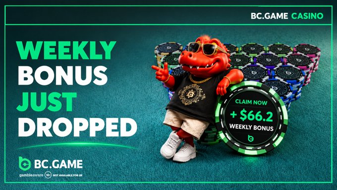 An advertisement banner for BC.GAME Casino announcing a 'WEEKLY BONUS JUST DROPPED' featuring an orange frog mascot, a stack of chips, and a 'CLAIM NOW' button for a +$66.2 weekly bonus.